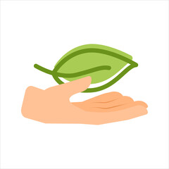 Save green leaf organic hand. Plant in hand line icon. Hand holding plant. Vector illustration isolated on white background.