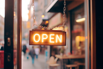 A business sign with the inscription “Open” hangs on the glass door of a cafe or restaurant.