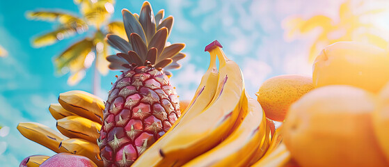 Pineapple Amidst a Colorful Fruit Arrangement, Tropical Freshness Concept, Creative and Artistic Food Display