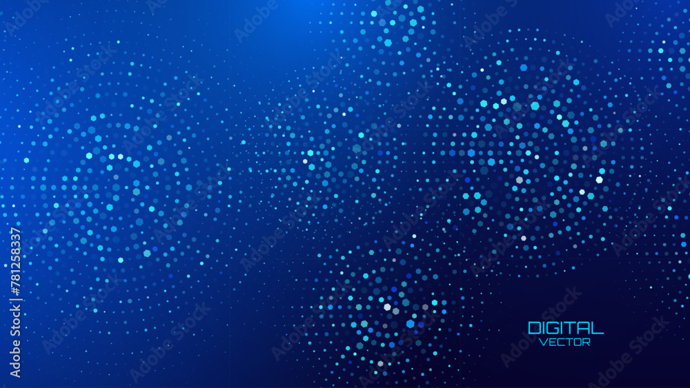 Poster Abstract Digital Technology Halftone Circles Pattern. Hexagon Particles Digital Ripple Effect. Hi Tech Science Presentation Background. Vector Illustration.