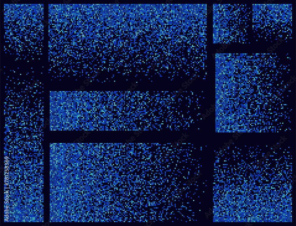 Fototapete Blue Pixel Dithering Gradients Set. Disintegration Pixel Art Effect. Vector Banner Elements. Disappear Rectangle Texture. Dissolved Pixels. Vector Illustration.