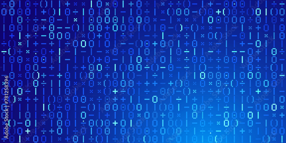 Fototapete Binary Pixel Numbers and Math Signs. Computer Binary Code Matrix. Pixel Grid of Numbers Abstract Mosaic Design Background. Monochromatic Abstract Background. Vector Illustration.