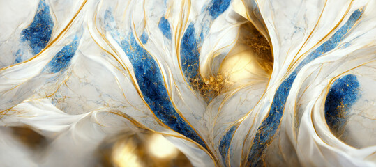 Blue and gold marble background. Fluid art modern wallpaper	