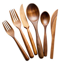 Set of cutlery of wood isolated on transparent background