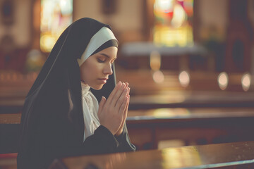 Portrait of a beautiful caucasian nun in black habit praying in the church