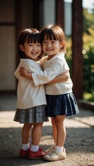 Two smiling Japanese kids hug each other. Boy and girl are laughing. Holiday of hugs. Modern stylish photo.