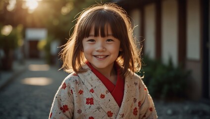 Japanese little girl is smiling. Holiday of hugs. Modern stylish photo.