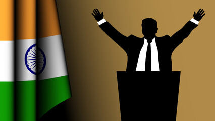 The silhouette of a politician raises his arms in a sign of victory, with the Indian flag on the left