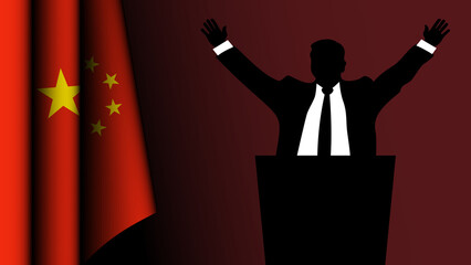 The silhouette of a politician raises his arms in a sign of victory, with the flag of China on the left