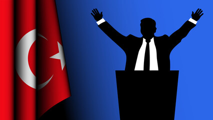 The silhouette of a politician raises his arms in a sign of victory, with the flag of Turkey on the lef