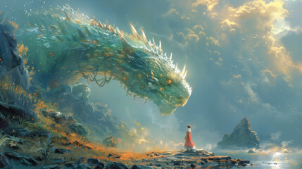 dragon and a person, illustration of fantastical creature and imaginative landscape, ideal for children's books, fantasy-themed projects, and storytelling