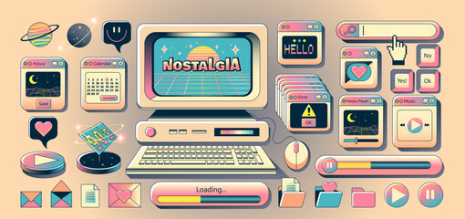 Old computer aestethic. Vaporwave style pc elements, user interface, UI, , planet, dialogue windows, icons in trendy y2k retro style. Vector illustrations. Nostalgia for 1990s -2000s. - obrazy, fototapety, plakaty