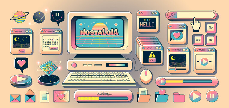 Old computer aestethic. Vaporwave style pc elements, user interface, UI, , planet, dialogue windows, icons in trendy y2k retro style. Vector illustrations. Nostalgia for 1990s -2000s.