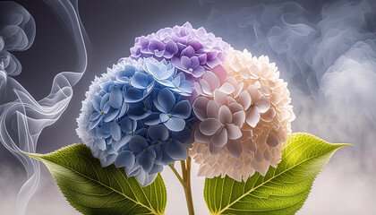 Bukiet kwiatów, kolorowa hortensja. Tapeta ścienna, dekoracja. Tło kwiatowe, abstrakcyjny dym - obrazy, fototapety, plakaty