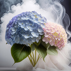 Bukiet kwiatów, kolorowa hortensja. Tapeta ścienna, dekoracja. Tło kwiatowe, abstrakcyjny dym - obrazy, fototapety, plakaty