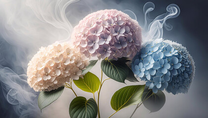 Bukiet kwiatów, kolorowa hortensja. Tapeta ścienna, dekoracja. Tło kwiatowe, abstrakcyjny dym