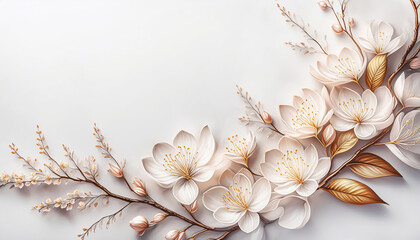 Białe kwiaty,  tło kwiatowe, wiosenna wiśnia. Tapeta ścienna ,dekoracja. Wzór kwiatowy na białym tle - obrazy, fototapety, plakaty