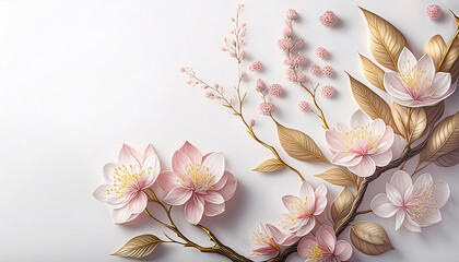 Białe kwiaty,  tło kwiatowe, wiosenna wiśnia. Tapeta ścienna ,dekoracja. Wzór kwiatowy na białym tle - obrazy, fototapety, plakaty