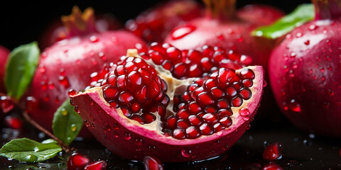Macro closeup photograph of delicious maroon color piece of pomegranate fruit