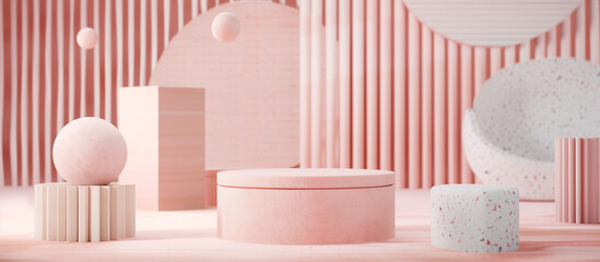 A set of pink podiums with varying shapes and textures, with geometric patterns in the background