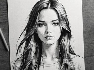 Black and white ink sketch of a beautiful woman with long hair.