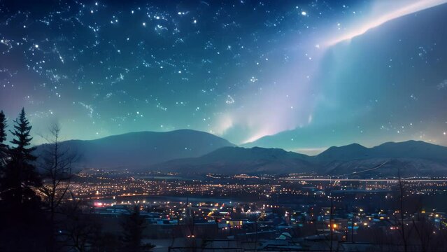 Aurora borealis with a city scape. 4k video animation