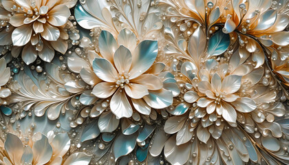 Hintergrund Vorlage mit edlen weißen Blumen Blüten aus Perlmutt glänzend wie königliche Dekoration Design für Hochzeit Feier Trauung Abschied Grußkarte mit Perlen und floralen Ornamenten Luxus frisch  - obrazy, fototapety, plakaty