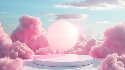 3D podium, round white platform on a background of pink clouds and a blue sky with sun rays, background for product presentation or mockup in the minimalistic abstract style