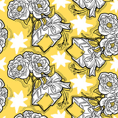 Gift box, ribbon and flowers seamless pattern for wrapping present with bow, party celebration, sale promotion, Textile print, fabric design, banner background. Hand drawn illustration cartoon style.