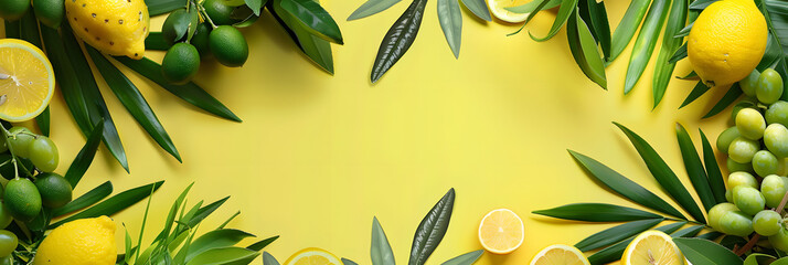 Fototapeta na wymiar A green rectangle picture frame with lemons, olive branches, and ananas on a yellow background. The font is bright green, adding a pop of color to the room