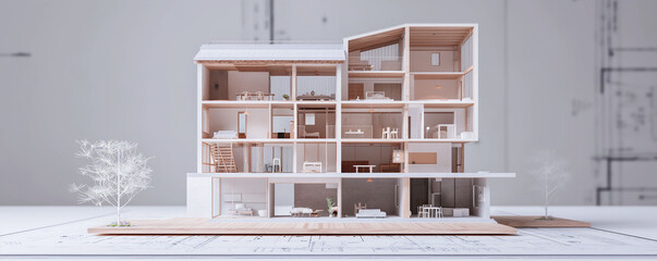 A highly detailed 3D architectural model of a multi-story wooden building with transparent walls, showcasing interior design, placed on architectural plans