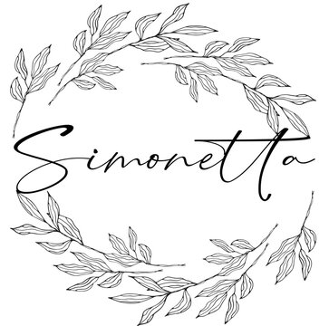 Simonetta - black color - name written enclosed in a circle crown of leaves - vector graphics - for websites, greetings, banners, cards,, sweatshirt, prints, cricut, silhouette, sublimation