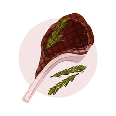 Grilled steak illustration. Tomahawk steak on a light background. Serving the dish. B-B-Q.
