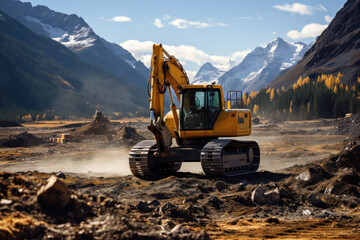 Bulldozer excavating field with mountains in background. Generative AI