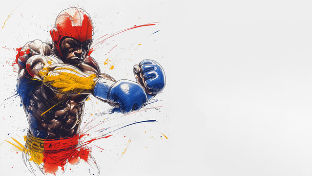 Single continuous line drawing portrait of a mixed martial arts fighter with protective head cover, splash of yellow, blue and red color, isolated on a white background. Copy space, horizontal 16:9