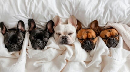 Four adorable French bulldogs peacefully sleeping together in a cozy bed with pillows and blankets...
