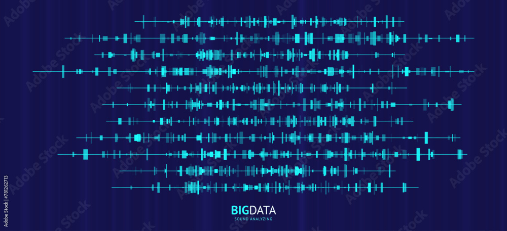Poster Big Data Audio Recognition Concept Background. Voice Recognition. Sound Waves Machine Learning Algorithm Visualization. Vector Illustration.