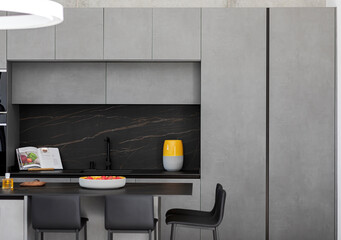 Modern kitchen with stylish grey cabinets and decor