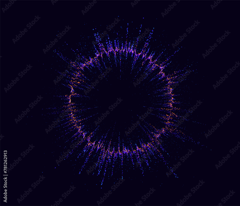 Aufkleber Particles Circle Frame. Particles Shockwave Effect on Dark Background. Digital Explosion. Radial Sound Explosion Wave Music Visualization. Colorful Equalizer Background. Vector Illustration.