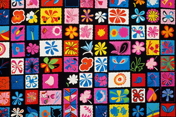 A multicolored patchwork quilt with flowers and hearts, Generative AI