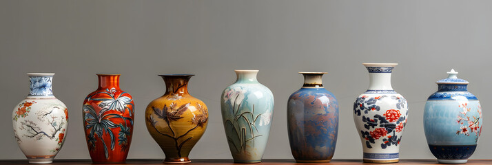 A collection of artistic vases displayed in a row on a table, showcasing creative pottery and porcelain artifacts as part of tableware decor - obrazy, fototapety, plakaty