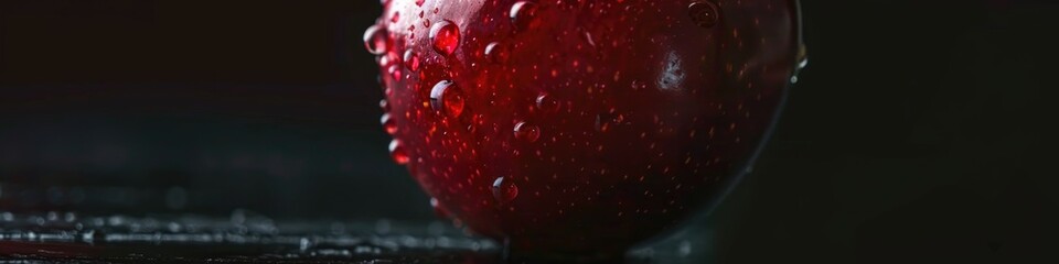 A panoramic view of a glistening cherry with dewdrops