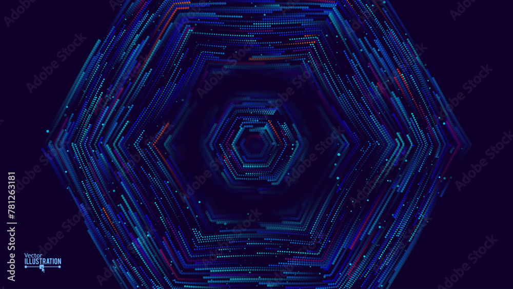 Leinwandbilder Data Flow Particles Moving With Trails. Big Data And CyberSecurity HiTech Background. Neural Networks Science Backdrop. Vector Illustration.