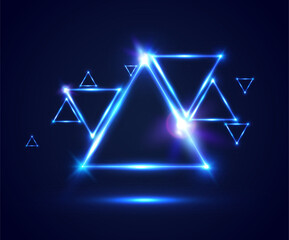 Obraz premium Neon Triangle Border Light Effects. Night Club Party Flyer or Banner Background. Blue Light Triangles Vector Illustration.
