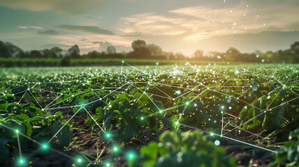 Field of green plants with connected lines Concept of connection and growth Because various plants are Linked together in a spider web-like pattern.