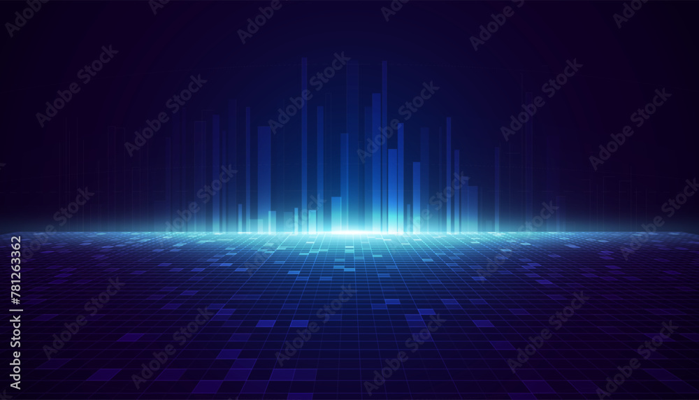 Wall mural abstract digital technology or science background. blue perspective grid with light effects. digital