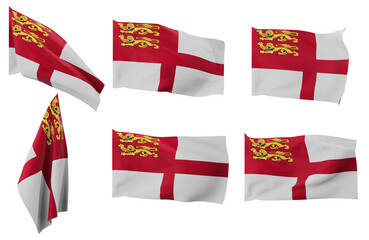 Large pictures of six different positions of the flag of Sark
