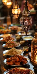 Traditional Middle Eastern Iftar Feast with Intricate Lanterns at Dusk - obrazy, fototapety, plakaty