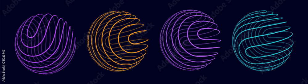 Poster Abstract 3D Spheres of Neon Dots Particles. Global Network Connection. Abstract Globe Grid. Worldwide Communication Concept. Science and Technology Abstract Vector Illustration.