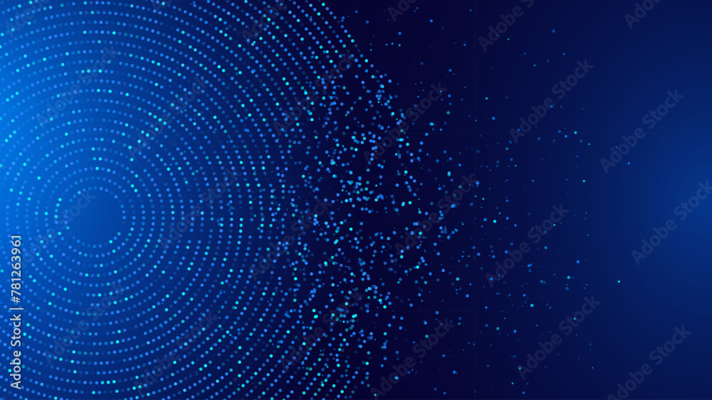 Poster Abstract Digital Circles of Particles with Noise. Futuristic Circular Sound Wave. Big Data Visualization. 3D Virtual Space VR Cyberspace. Crypto Currency Concept. Vector Illustration.